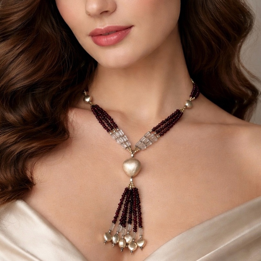 Garnet and Sterling Silver Beaded Tassel Necklace Artisan Made